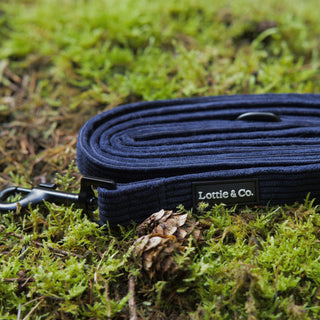 Navy corduroy dog lead rolled up
